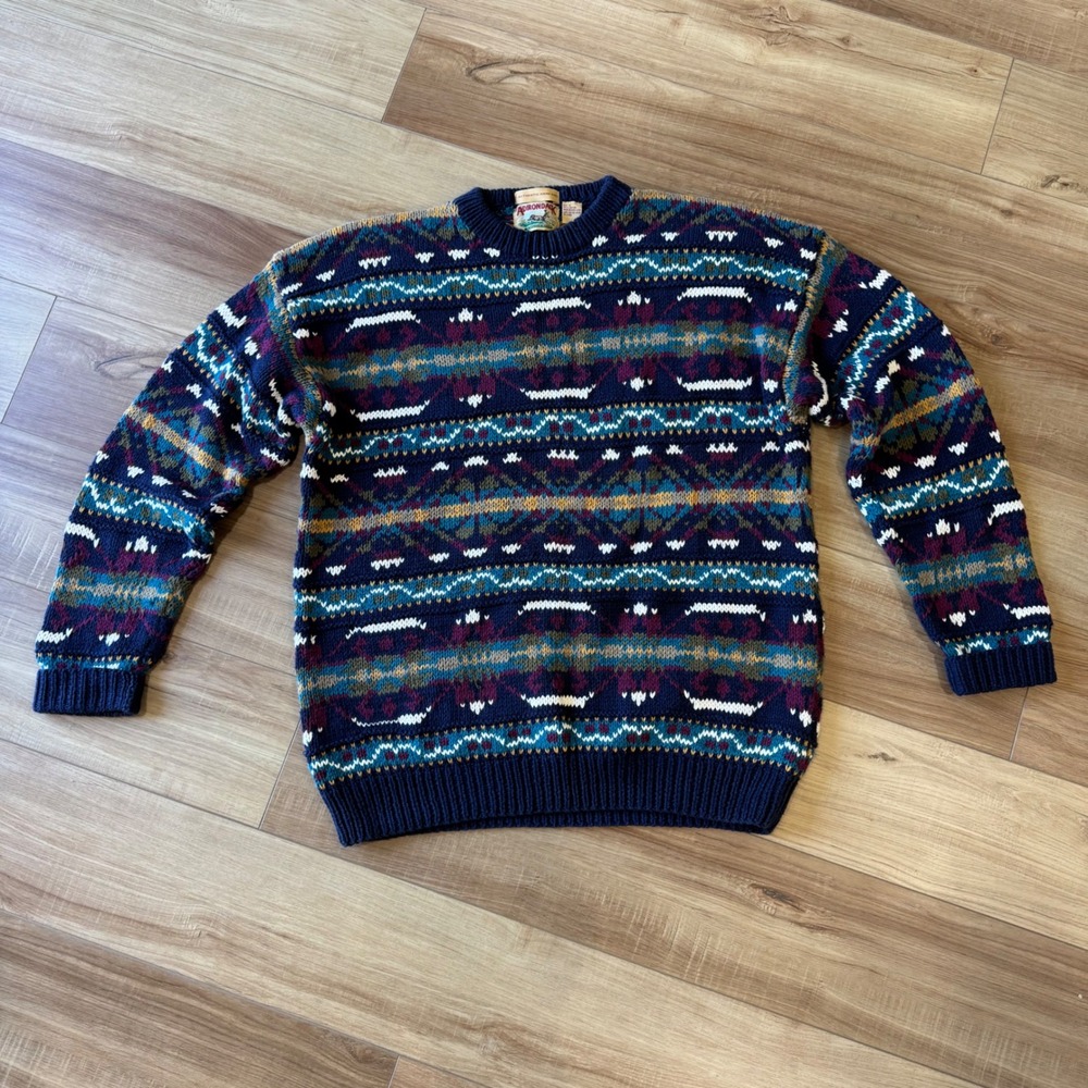 Vtg 90s Adirondack Geometric Hand Knit Cotton Sweater XL Multicolor Coogi Style